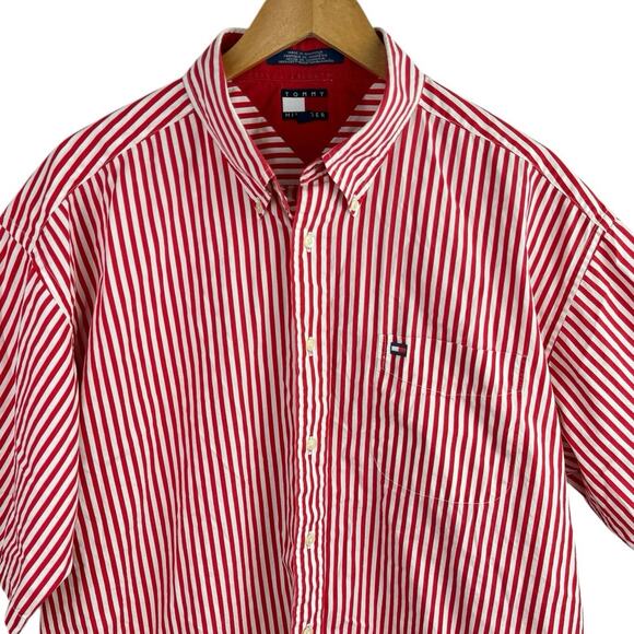 Tommy Hilfiger Men Red White Striped Short Sleeve Button Down Shirt Top Size XL - Picture 3 of 4